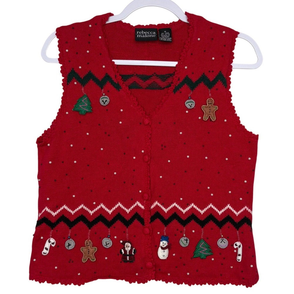 Vtg Rebecca Malone Christmas Sweater Vest M Red Charms Kitschy 90s Y2K Holiday